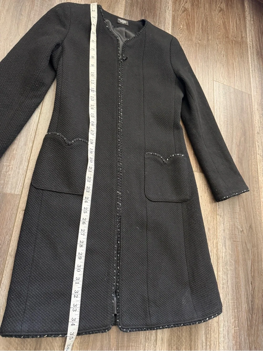 CHANEL Black Tweed Long Collarless Coat